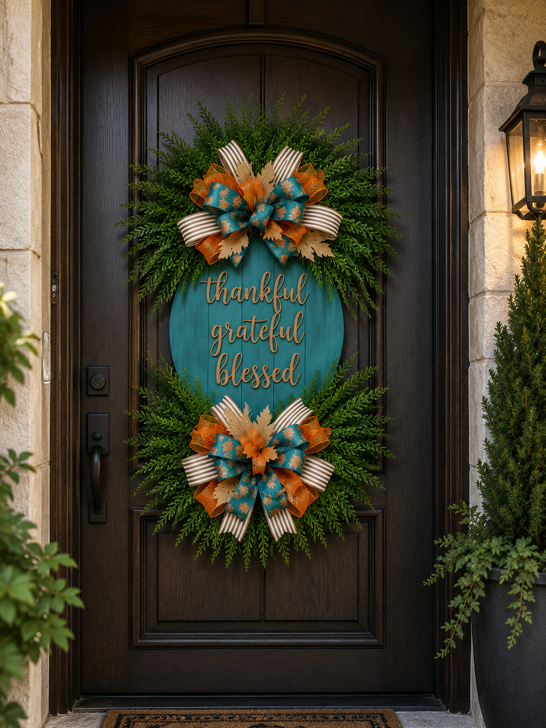 Luxury Fall Door Hanger – Thankful Grateful Blessed Teal & Orange Front Door Wreath | Fuzzy's World