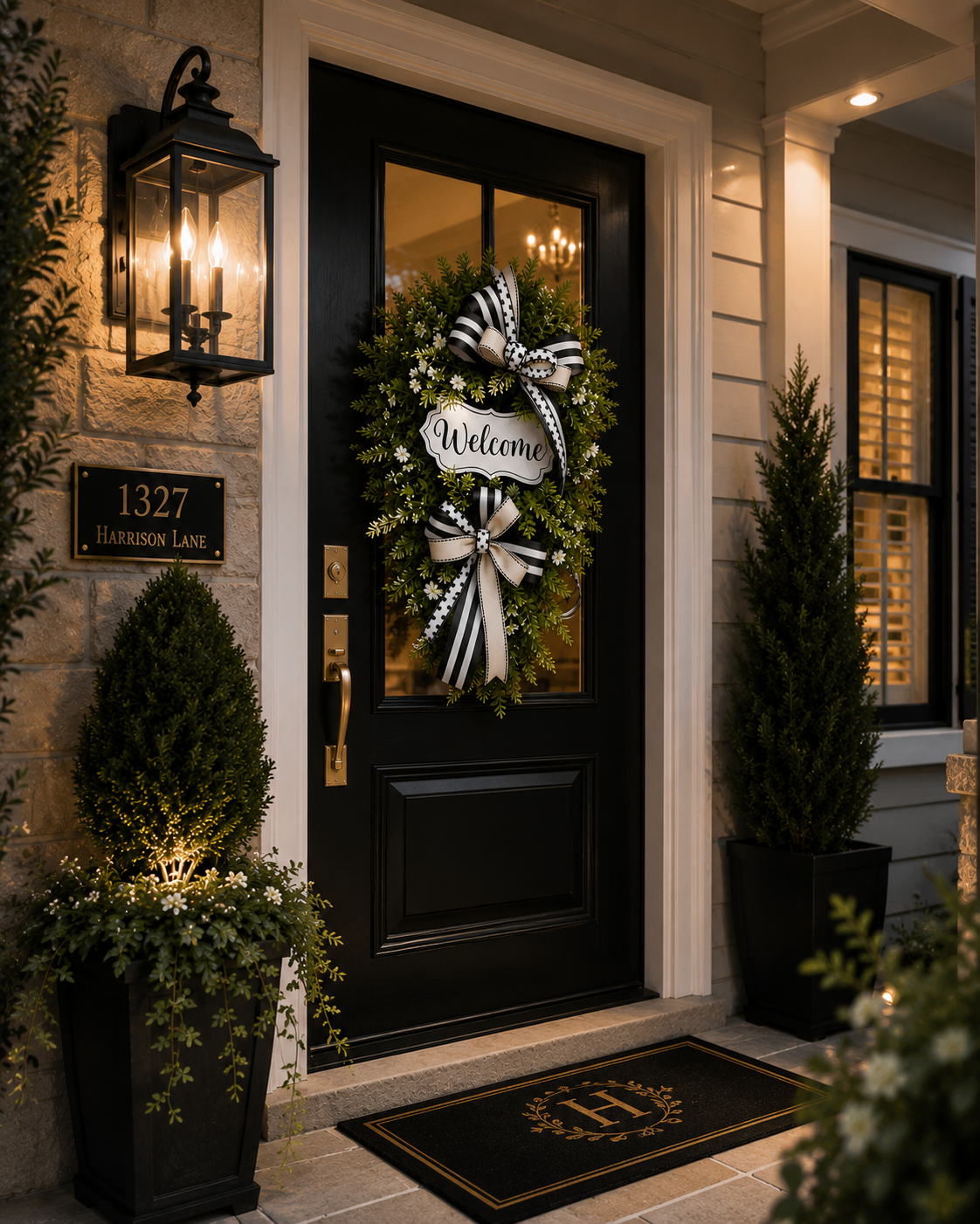 Luxury Black & White Welcome Wreath | Elegant Front Door Greenery Wreath with Layered Designer Bows | Modern Porch Decor by Fuzzy’s World
