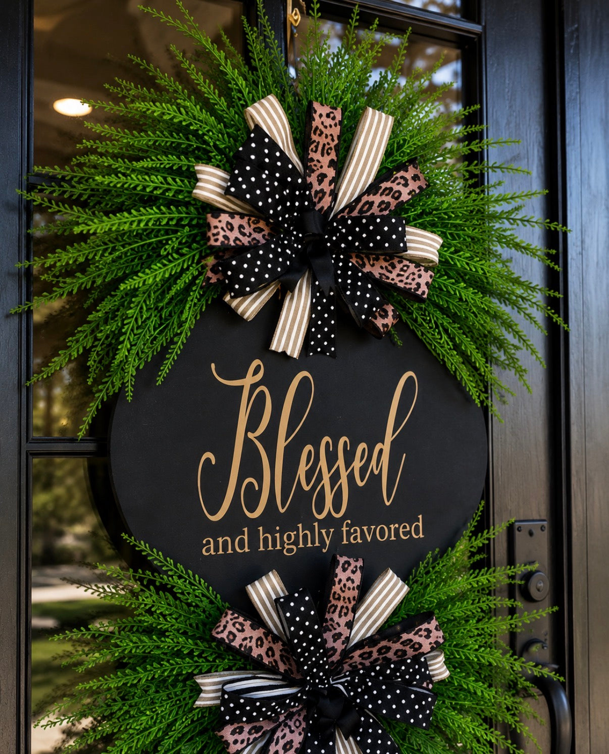 Blessed & Highly Favored Wreath and Door Leaner Set | Luxury Front Porch Decor | Personalized Family Entryway Sign