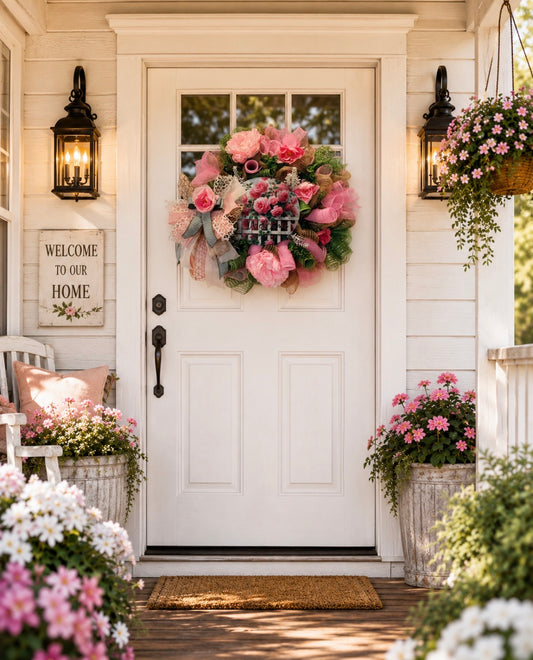 Luxury Pink Peony Welcome Wreath | Spring Front Door Wreath | Elegant Mesh Floral Door Decor | Fuzzy’s World