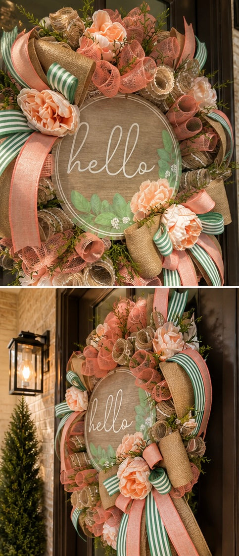 Luxury Peach & Sage Hello Door Wreath | Elegant Spring Summer Front Door Decor | Designer Entryway Wreath