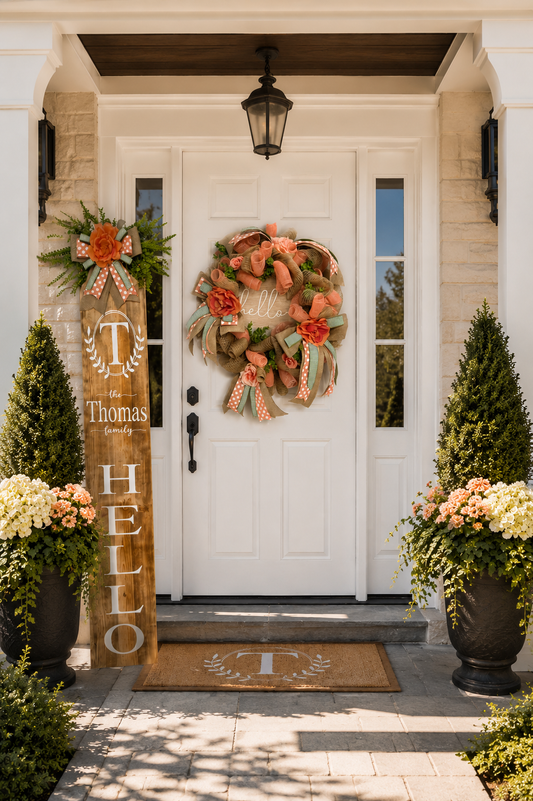 Luxury Coral Hello Wreath & Personalized Door Leaner Set | Custom Front Porch Decor | Fuzzy’s World