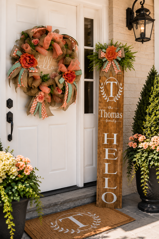 Luxury Coral Hello Wreath & Personalized Door Leaner Set | Custom Front Porch Decor | Fuzzy’s World