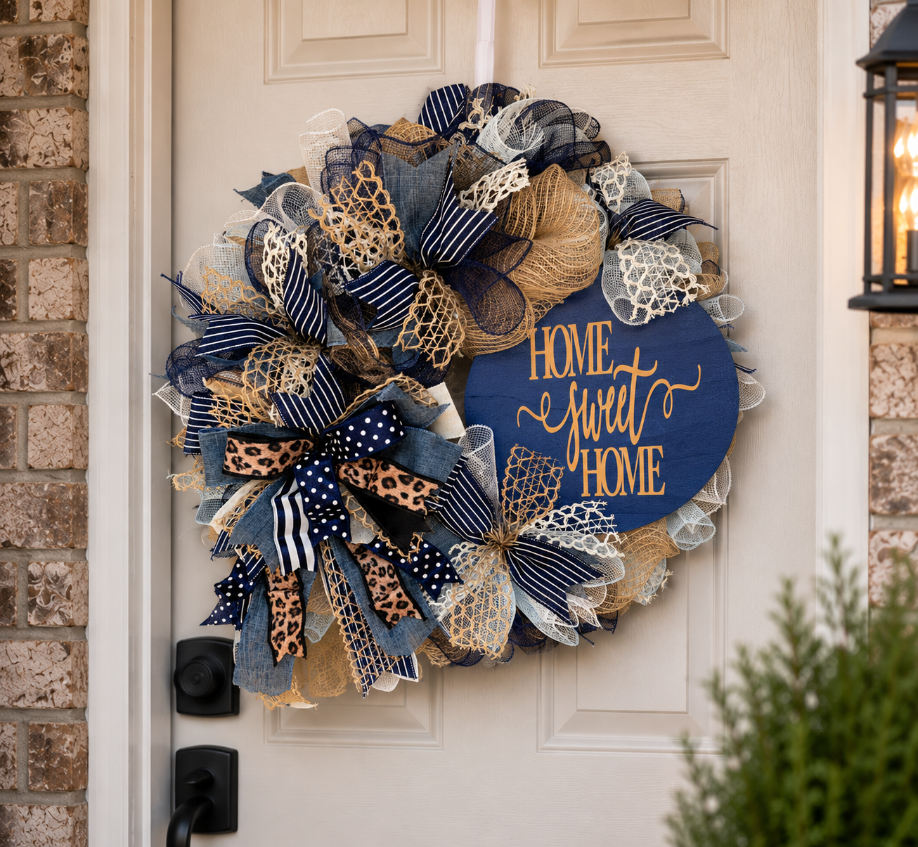 Luxury Navy Blue Home Sweet Home Mesh Wreath | Leopard Ribbon Front Door Wreath | Fuzzy’s World