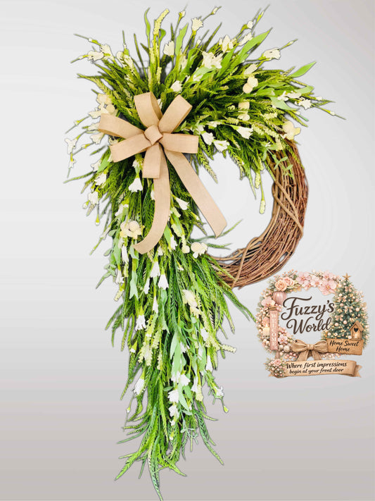 Luxury Spring Swag Wreath for Front Door | Neutral Greenery Teardrop Wreath with Burlap Bow | Farmhouse Porch Decor | Realtor Closing Gift | Year-Round Door Decor
