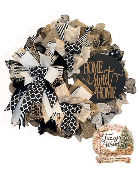 Luxury Black, Tan & Cream Home Sweet Home Wreath | Modern Front Door Decor | Fuzzy’s World
