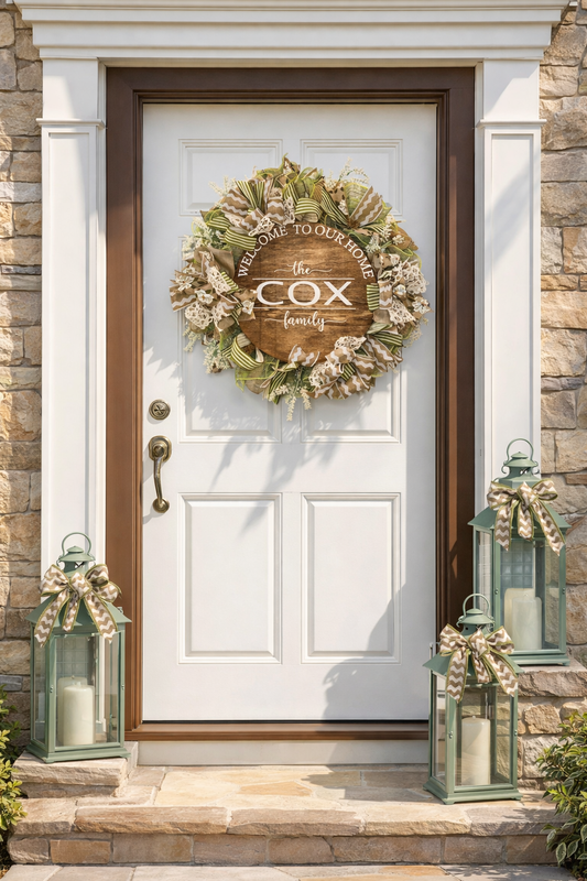 Sage & Neutral Luxury Welcome Wreath | Custom Family Name Door Wreath | Front Door Statement Decor