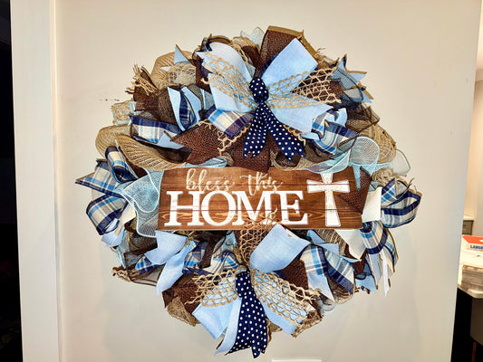 Blue Burlap Mesh Wreath – “Bless This Home” Front Door Wreath | Farmhouse Everyday Porch Decor | Realtor Closing Gift