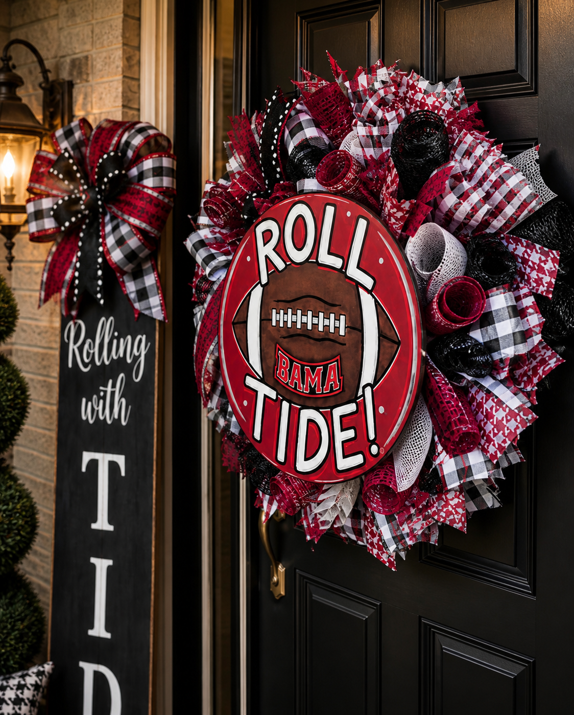 Inspired Roll Tide Football Wreath – Alabama Crimson Tide Door Decor – Luxury Game Day Front Door Wreath – Red Black White Porch Decor
