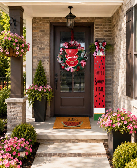 Watermelon Summer Mesh Wreath with Matching Door Leaner | Luxury Summer Front Door Decor | Fuzzy’s World