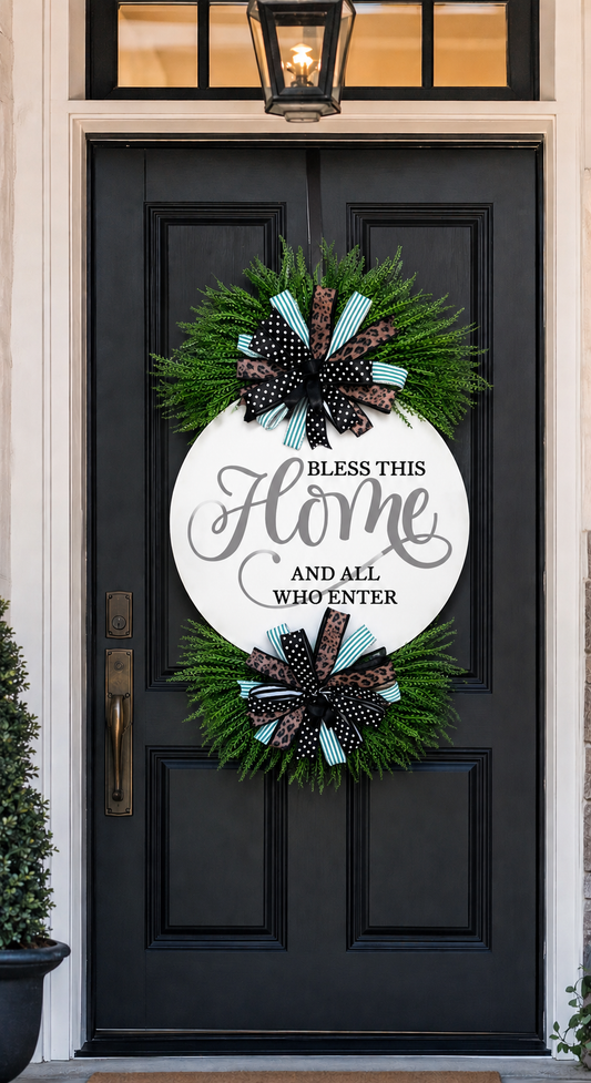 Luxury Bless This Home Door Hanger | Teal Leopard Front Door Wreath | Custom Everyday Porch Decor