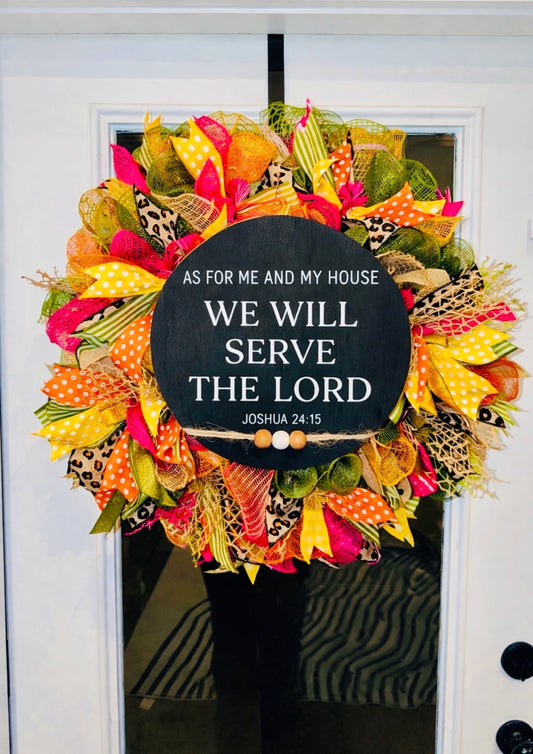 Christian Scripture Mesh Wreath – ‘As For Me and My House We Will Serve The Lord’ Front Door Wreath | Summer Door Decor | Religious Home Decor | Realtor Closing Gift”