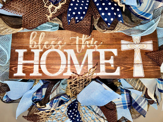 Blue Burlap Mesh Wreath – “Bless This Home” Front Door Wreath | Farmhouse Everyday Porch Decor | Realtor Closing Gift