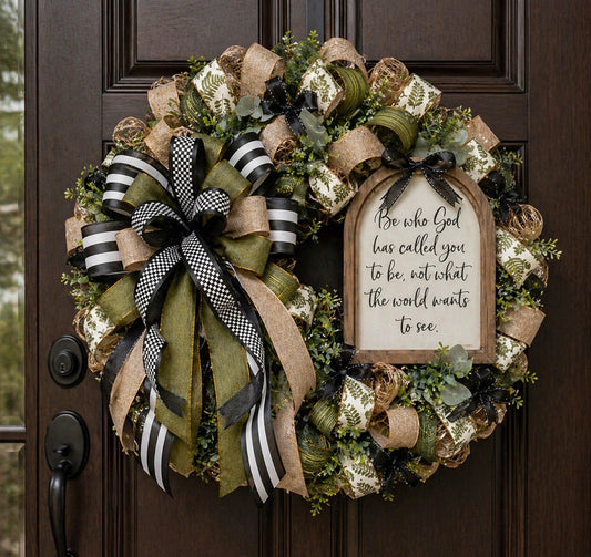 Luxury Faith Wreath – “Be Who God Called You” Designer Front Door Wreath | Black & Green Entryway Decor | Christian Home Decor Gift
