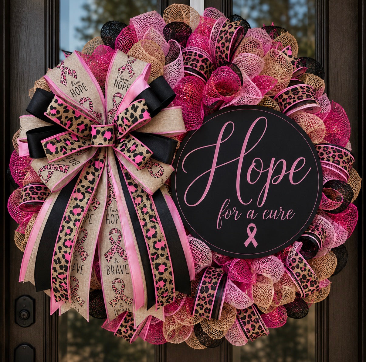 Hope For A Cure Breast Cancer Awareness Mesh Wreath | Pink Leopard Front Door Wreath | Support Ribbon Wreath | Luxury Awareness Decor