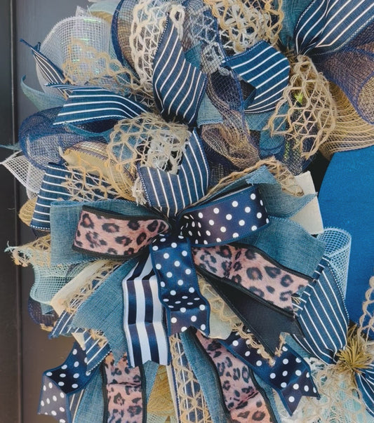 Luxury Navy Blue Home Sweet Home Mesh Wreath | Leopard Ribbon Front Door Wreath | Fuzzy’s World